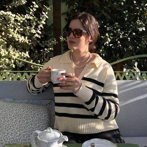 Stripe Collar Knit Polo Sweater Top